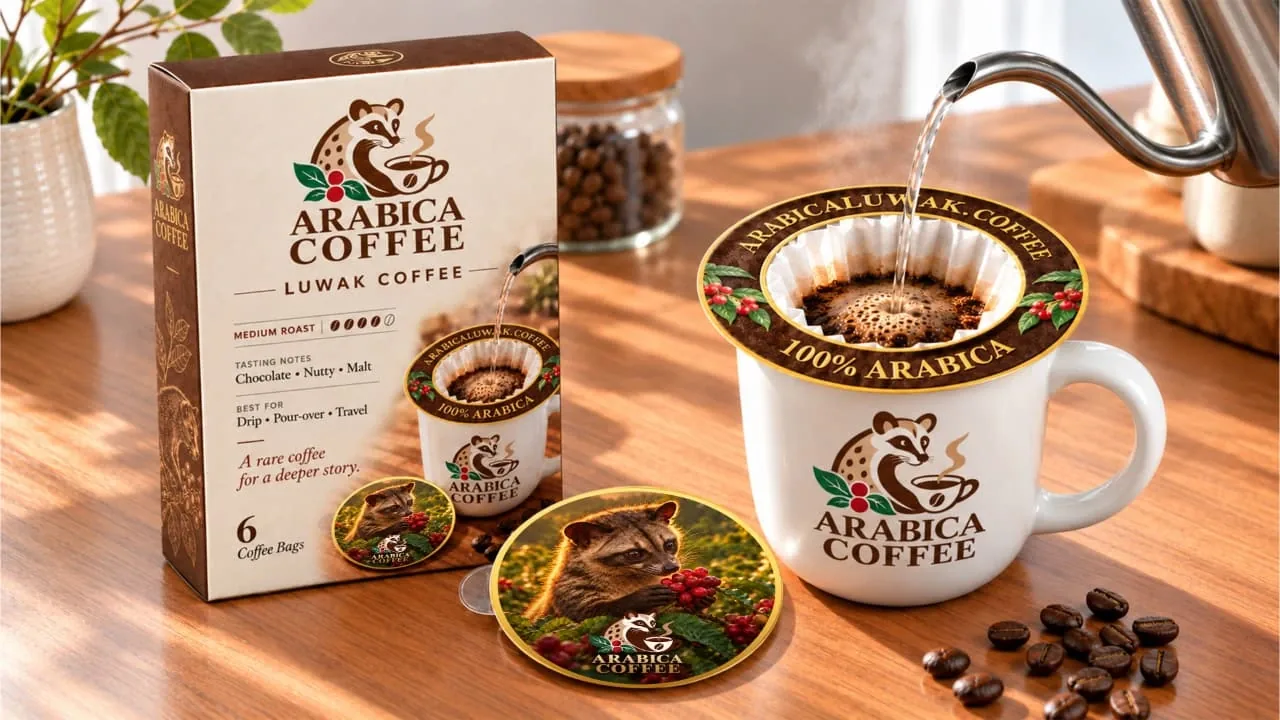 Arabica Luwak Coffee coffee filter packaging and brewing product photography
