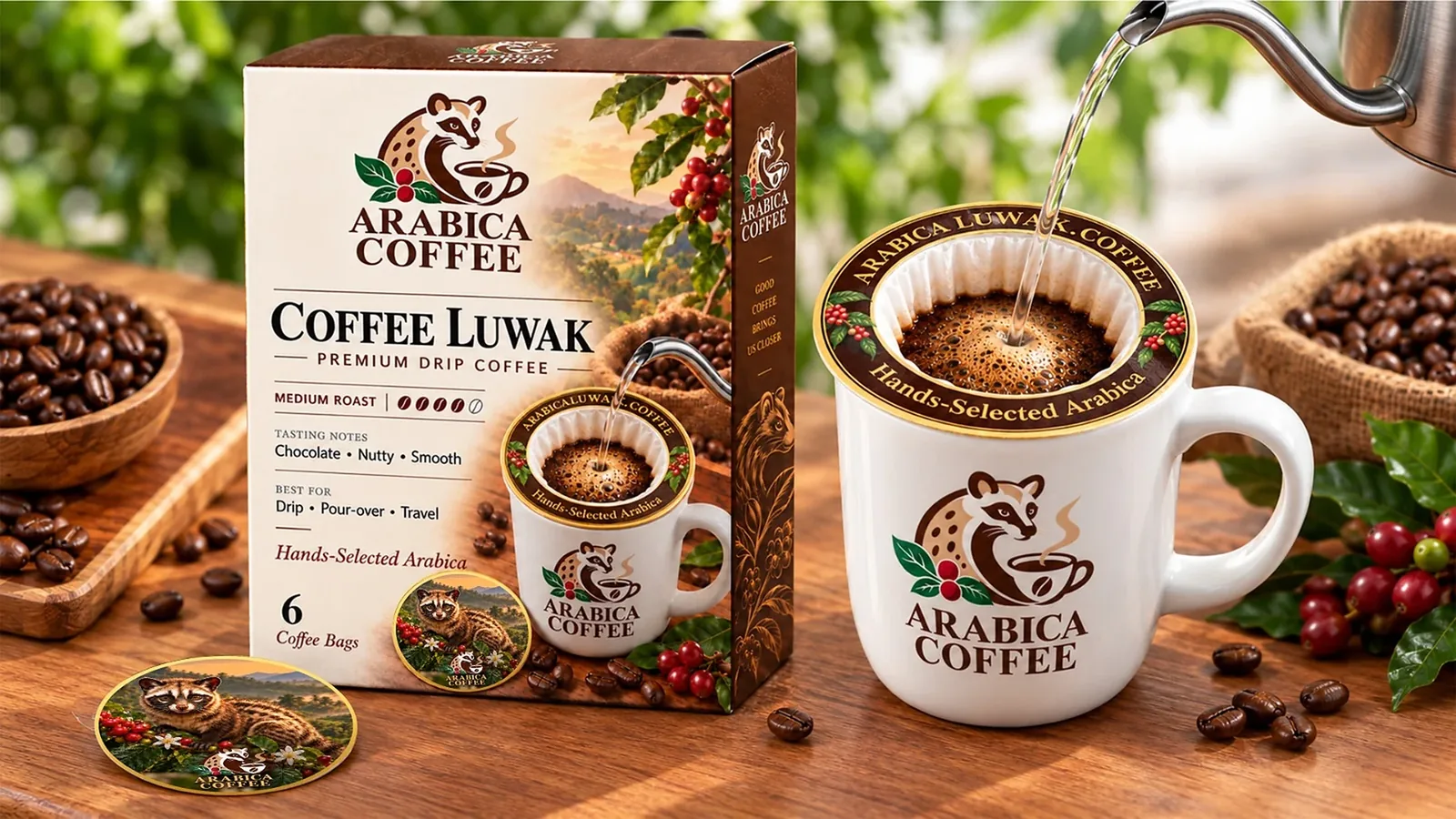 Arabica Luwak Coffee coffee filter packaging and brewing product photography