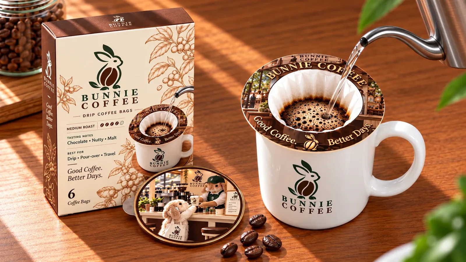 Bunnie Coffee coffee filter packaging and brewing product photography