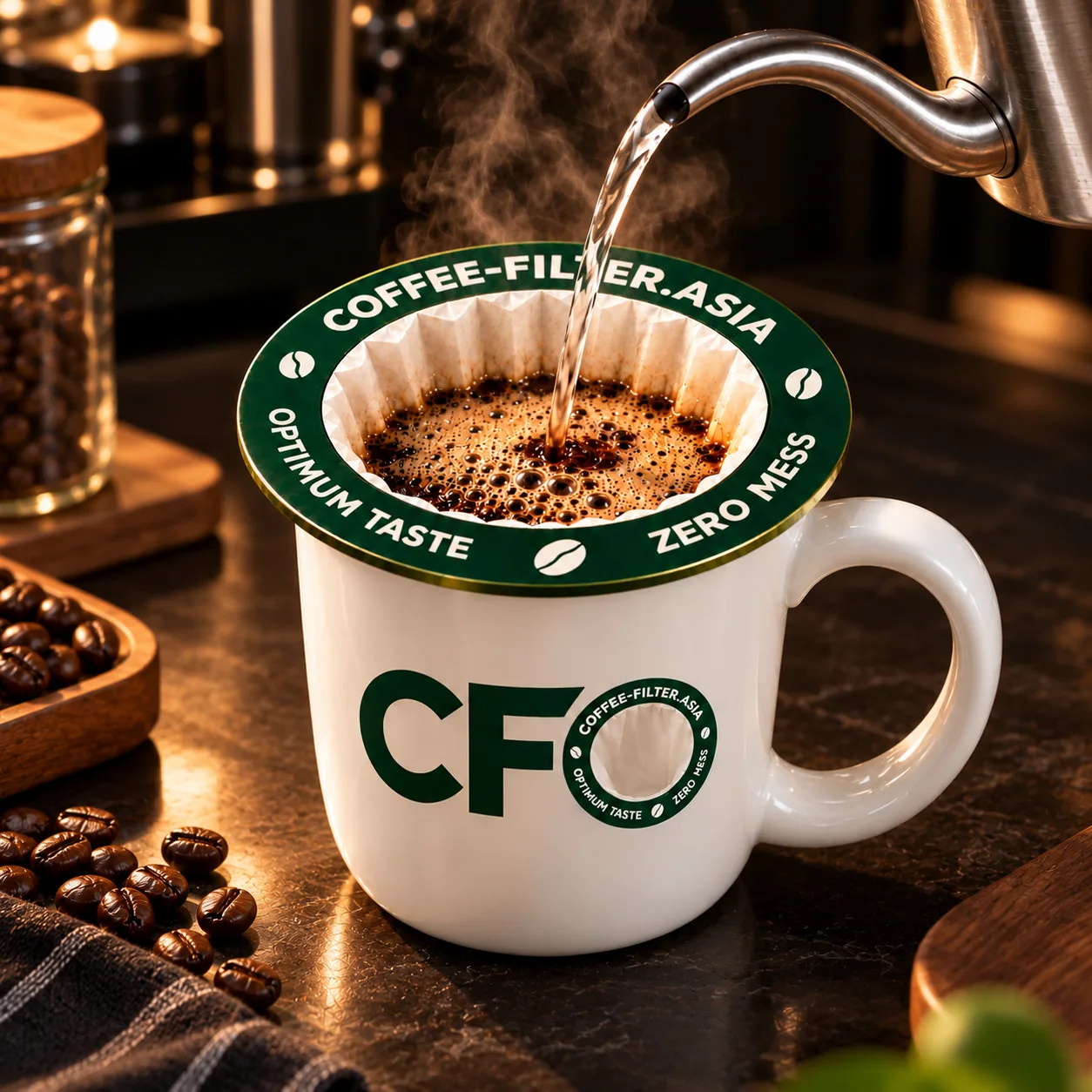 Hot water brewing coffee through the COFFEE-FILTER-ASIA green filter over a cream mug in a cinematic café setting