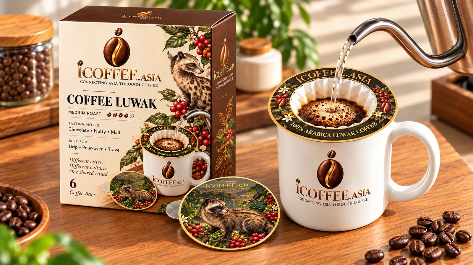 iCOFFEE.ASIA coffee filter packaging and brewing product photography