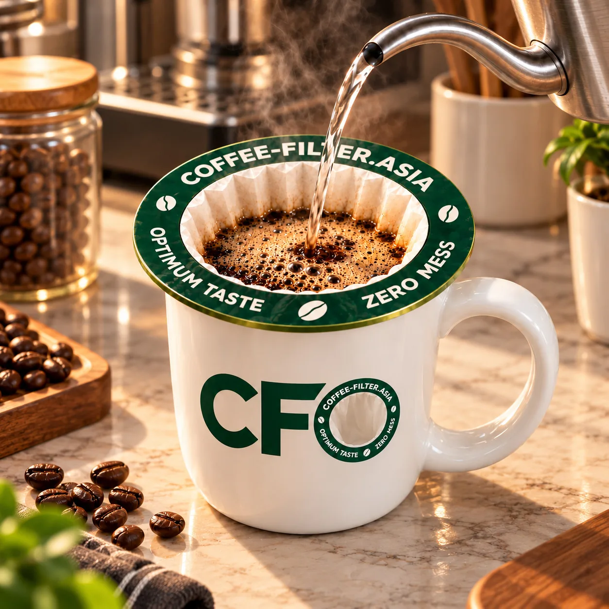Green COFFEE-FILTER-ASIA filter brewing coffee into a cream mug on a sunlit countertop