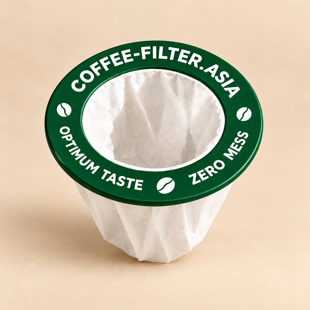 Green circular coffee filter product on a beige background