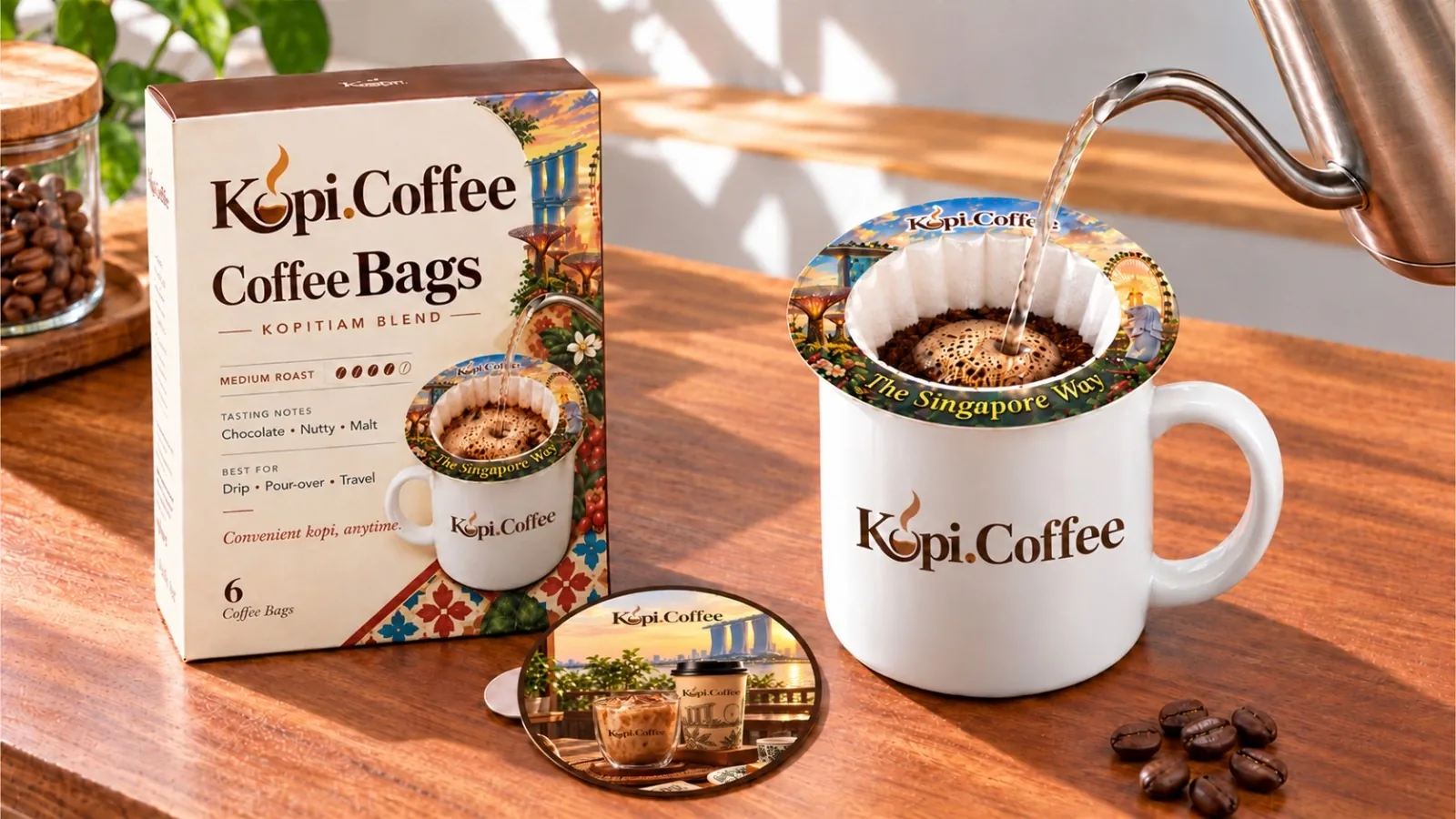Kopi.Coffee coffee filter packaging and brewing product photography