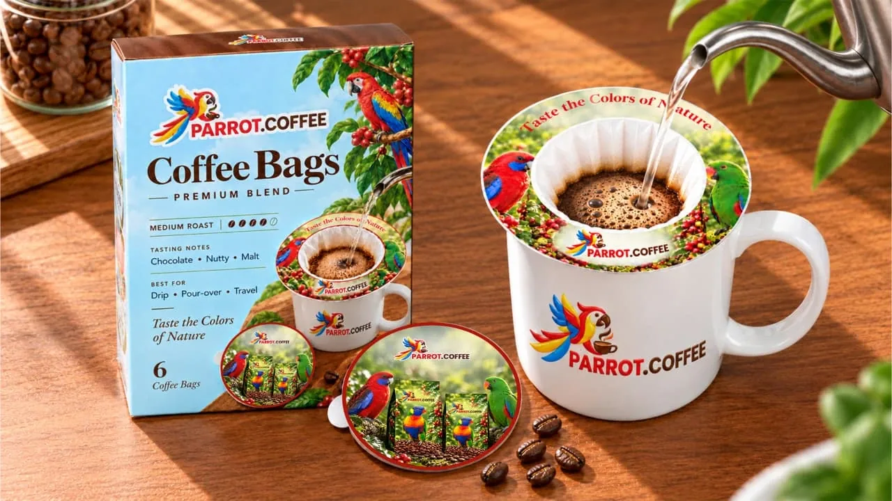 Parrot.Coffee coffee filter packaging and brewing product photography